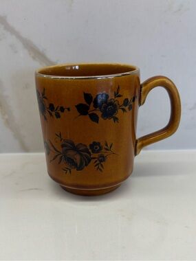 Vintage Lord Nelson Pottery Mug Caramel Brown Black Floral Print 1971 England